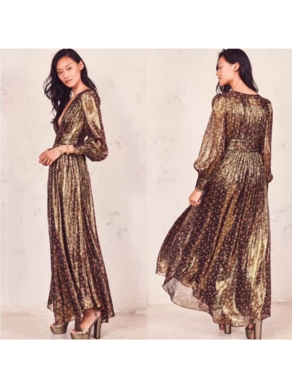LoveShackFancy Olive Metallic Floral Maxi Dress